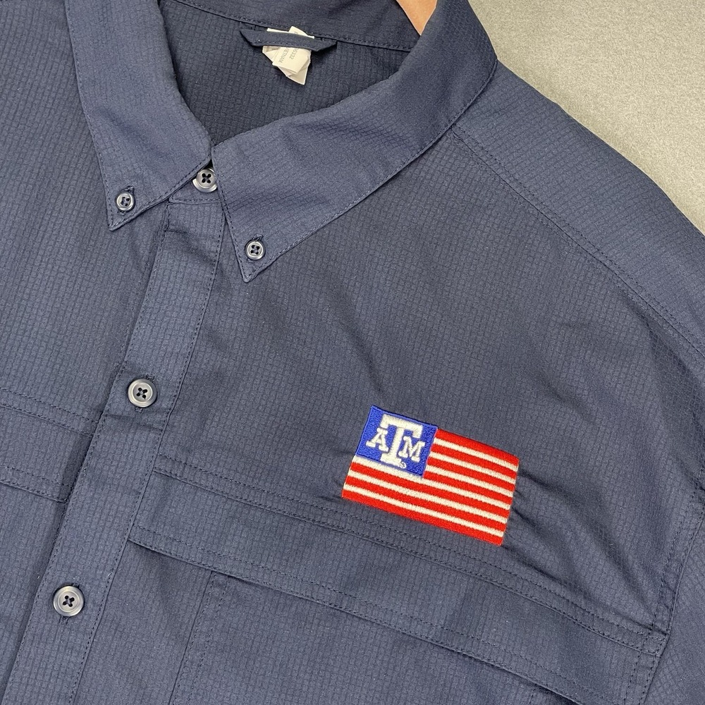 Texas A&M Mens 2XL Vented Fishing SS Navy‎ Shirt Embroidered American Flag XXL